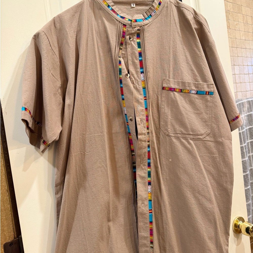 Casual Tan Shirt with Colorful Trim! Mexican Tradition